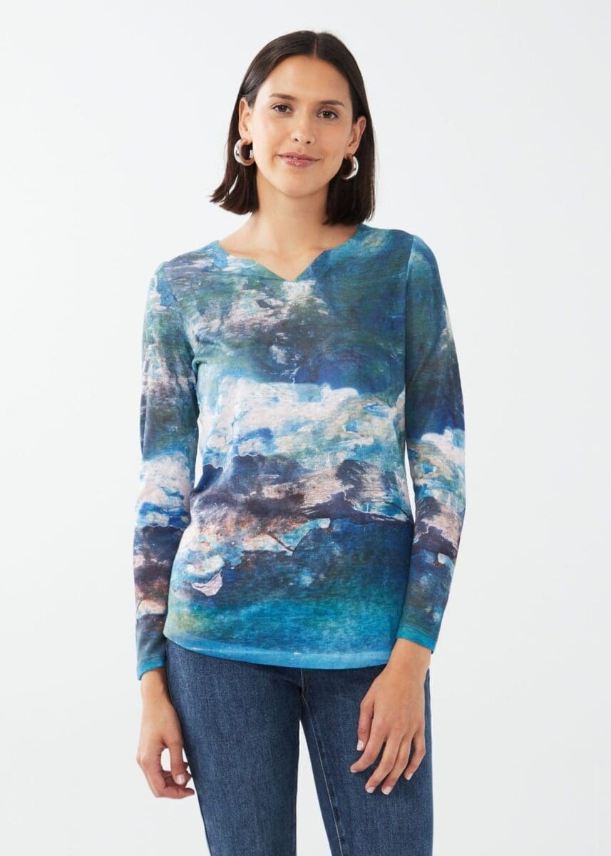 FDJ 3305451 Printed Long Sleeve Notch Neck Top FW23