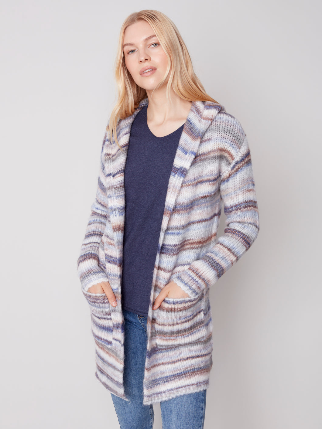 Charlie B C2269 Hooded Long Sleeve Space Dye Cardigan FW23