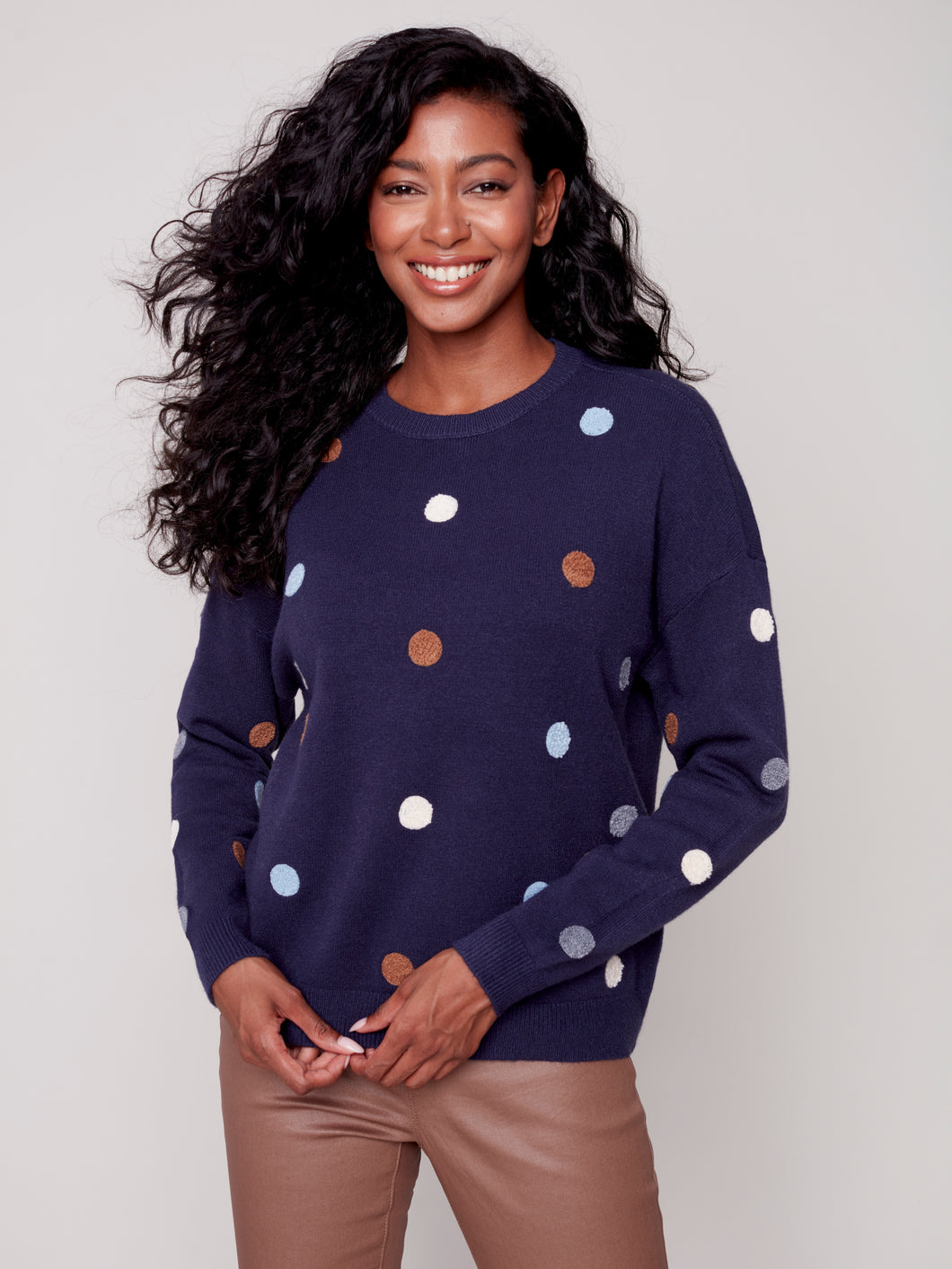 Charlie B C2526D Crew Neck Long Sleeve Polka Dot Sweater FW23