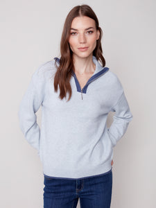 Charlie B C2539 Quarter Zip High Collar Contrast Color Sweater FW23