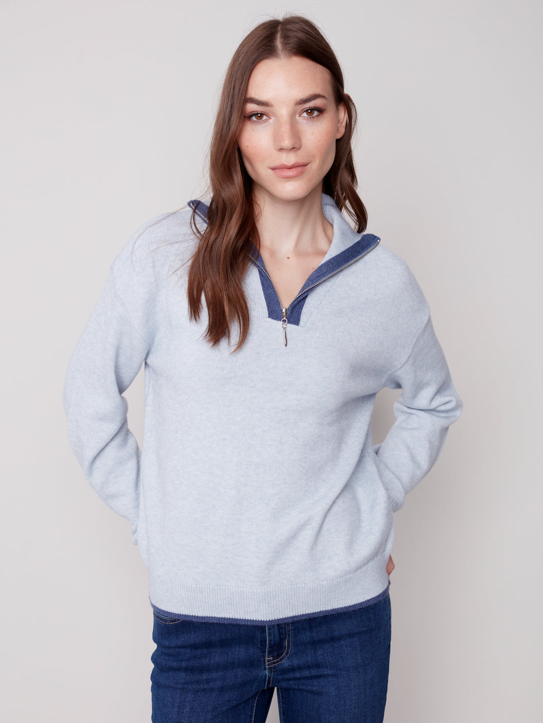 Charlie B C2539 Quarter Zip High Collar Contrast Color Sweater FW23