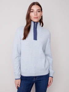 Charlie B C2539 Quarter Zip High Collar Contrast Color Sweater FW23