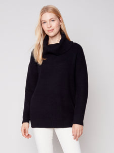 Charlie B C2604 Turtleneck Solid with Button Back Sleeve Sweater FW23