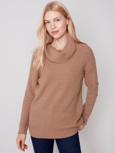 Charlie B C2604 Turtleneck Solid with Button Back Sleeve Sweater FW23