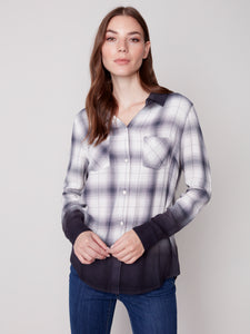 Charlie B C4490D Dip Dye Plaid Blouse with Front Tab FW23