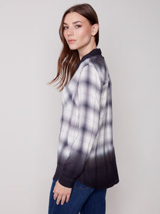 Charlie B C4490D Dip Dye Plaid Blouse with Front Tab FW23