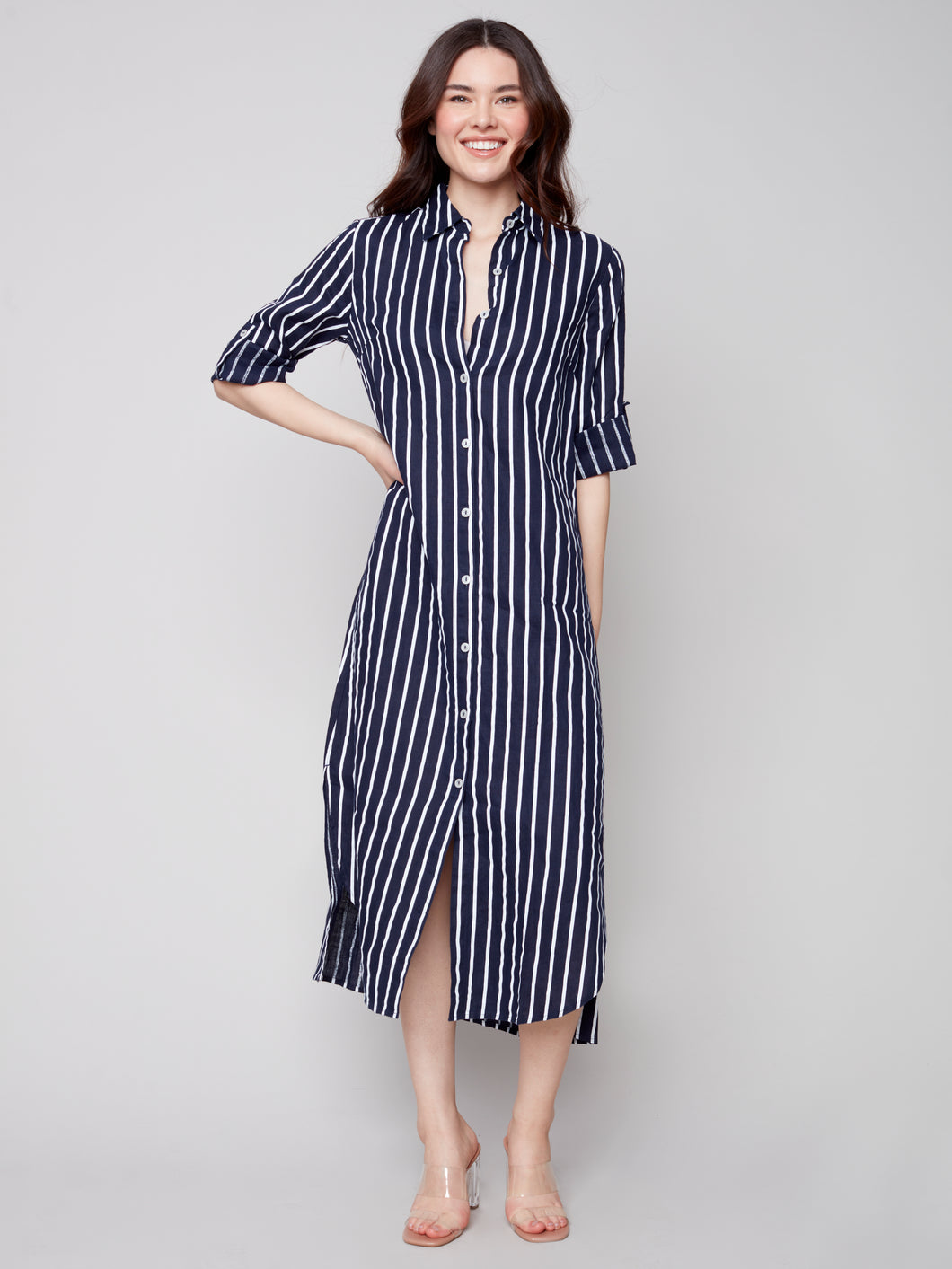 Charlie B - Long Duster Stripe Linen Dress - C3106PR