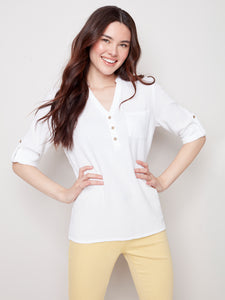 Charlie B - Half-Button Bubble Cotton Blouse - C4188R-050C
