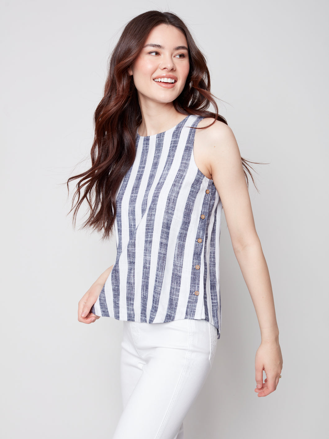 Charlie B - Printed Side Button Linen Top - C4425R