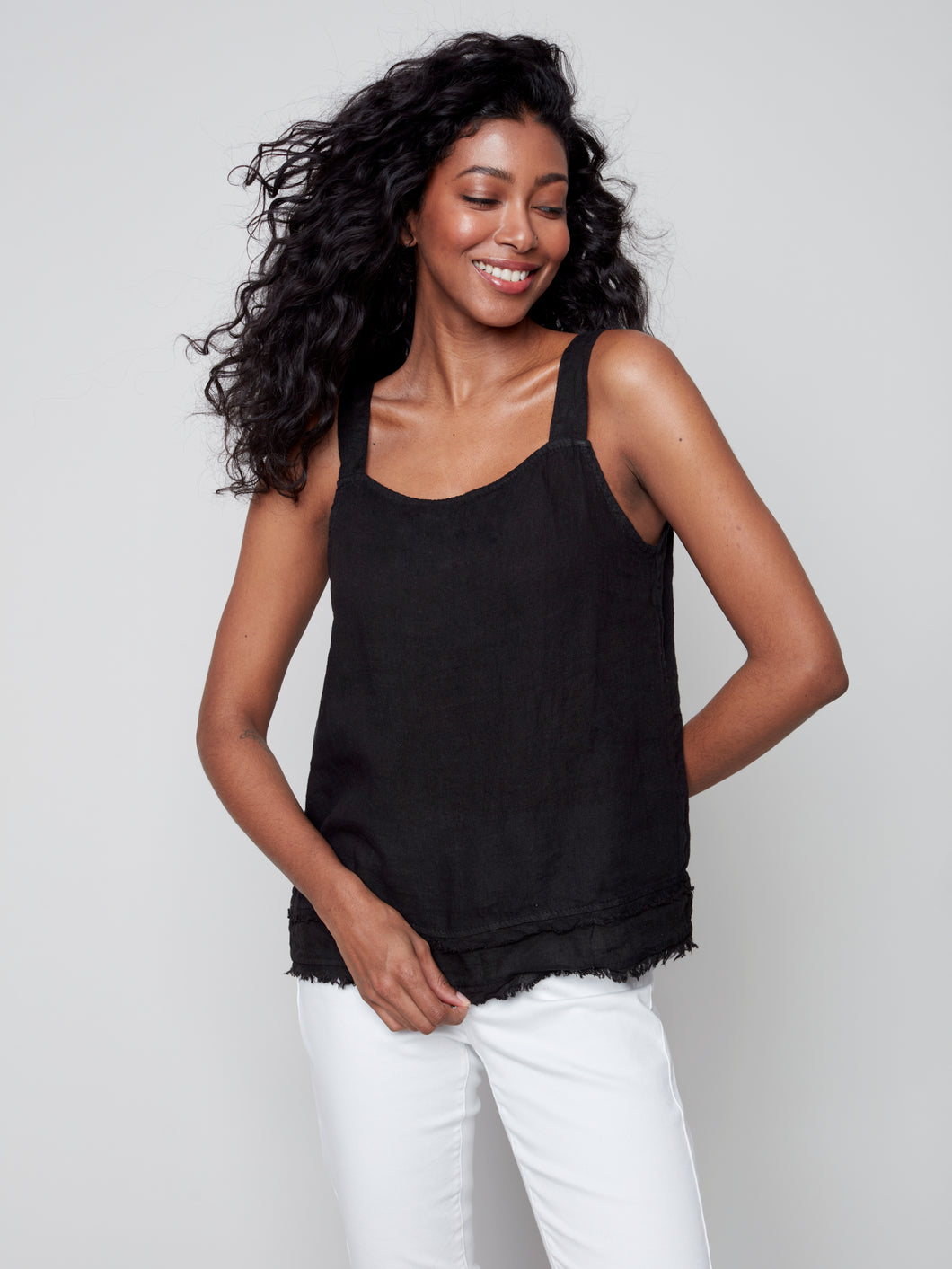 Charlie B - Solid Square Neck Linen Raw Edge Cami - C4484