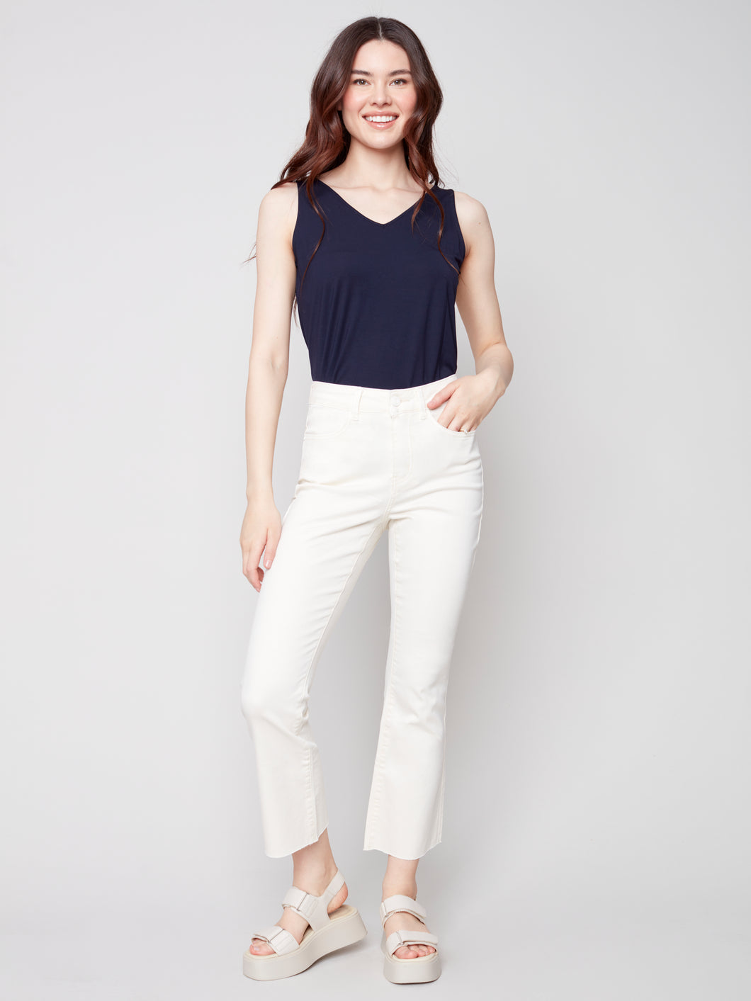 Charlie B - Twill Pant with Raw-Edge Hem - C5403
